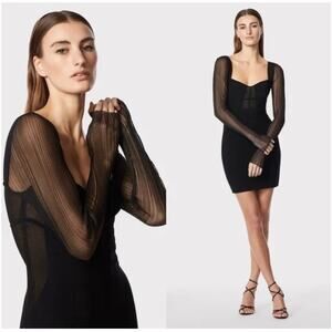 Herve Leger Mesh Sleeve Intarsia Bodycon Mini Dress Black Size L NWT Cocktail